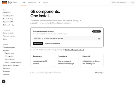 The design.strongtie.io home page — "58 components. One install."