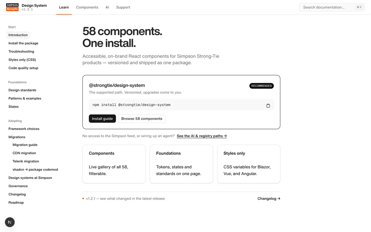 The design.strongtie.io home page — "58 components. One install."