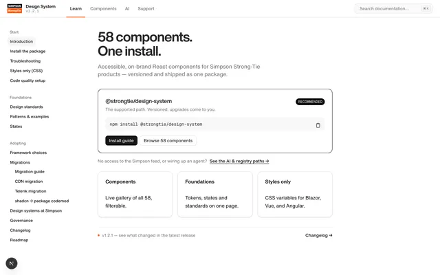 The design.strongtie.io home page — "58 components. One install."