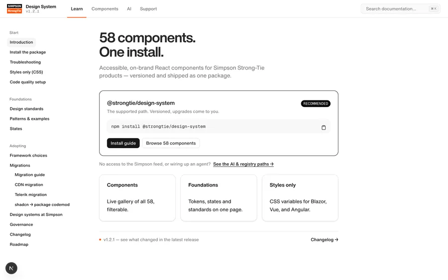 The design.strongtie.io home page — "58 components. One install."