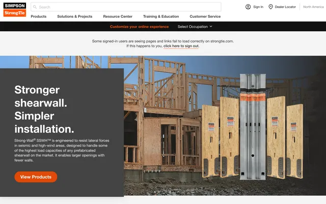 The live strongtie.com homepage hero — "Stronger shearwall. Simpler installation."